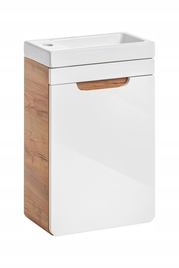 Szafka łazienkowa ARUBA 40 cm dąb biały połysk wisząca z umywalką wąska drzwi