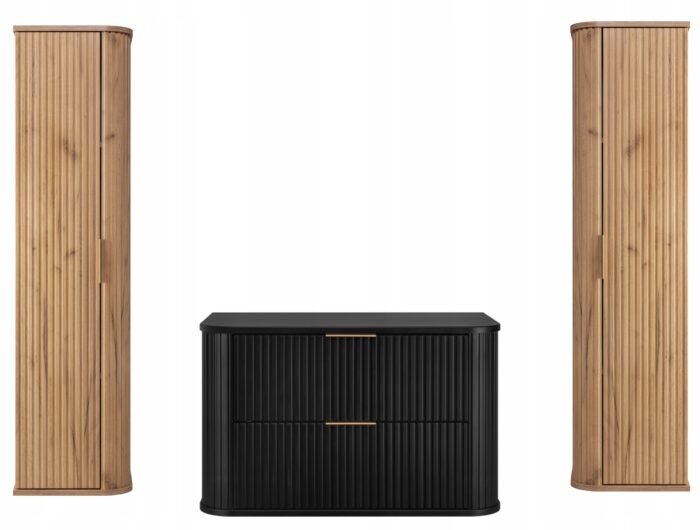 Zestaw mebli łazienkowych GLAMOUR dąb szafka pod umywalkę 80 cm 2 czarne słupki 35/139 cm