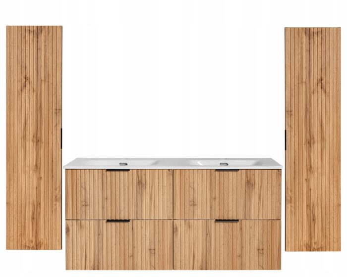 ADEL zestaw mebli łazienkowych dąb wotan Szafka z umywalką 120 cm + 2 Słupki 140 cm ryflowane fronty