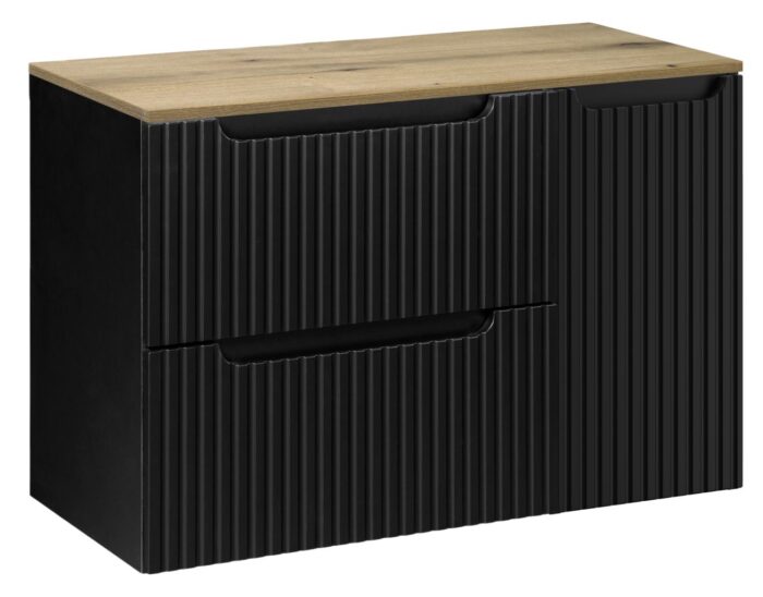Szafka łazienkowa NOVA czarny 90 cm blat dąb ryflowane fronty 1 drzwi 2 szuflady pojemna