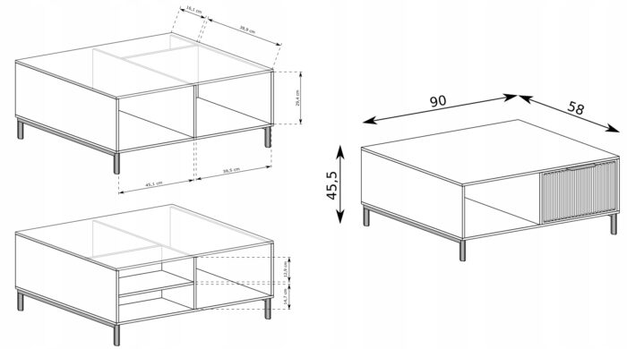 Ława LINK 90 cm zielona stolik kawowy ryflowane fronty szuflada półka metalowe nogi