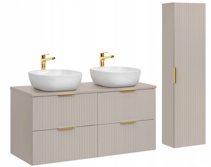 ADEL zestaw mebli łazienkowych kaszmir Szafka blat umywalki 120 cm + Słupek 140 cm ryflowane fronty