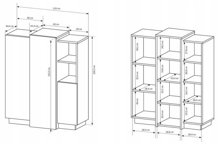 Komoda 3D 110 cm biały mat / dąb craft złoty z drzwiami i półkami, styl nowoczesny