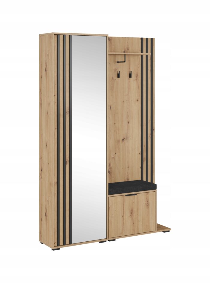 Przedpokój NELLY 131 cm czarny / dąb artisan z lustrem i tapicerowanym siedziskiem, lamele