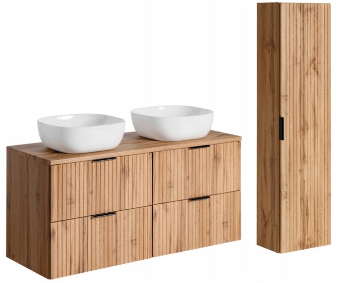 ADEL zestaw mebli łazienkowych dąb wotan Szafka blat umywalka 120 cm + Słupek 140 cm ryflowane fronty