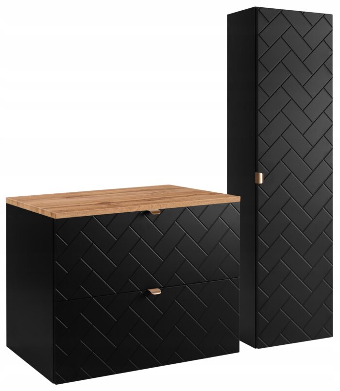 Zestaw mebli łazienkowych MADIS czarna szafka pod umywalkę blat dąb 80 cm słupek 35/136 cm