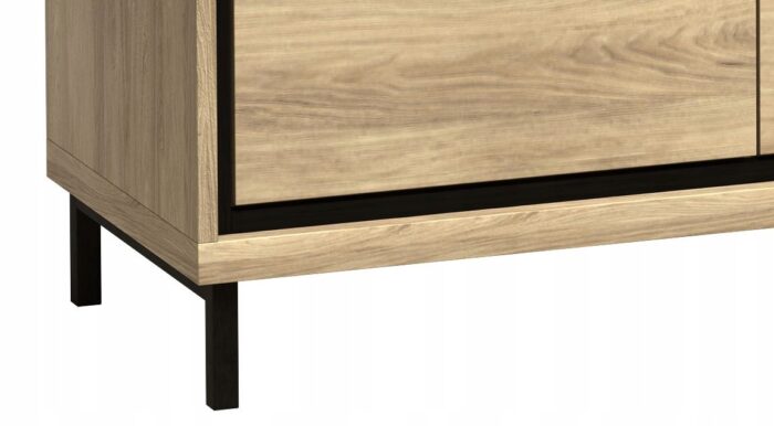 Komoda MILAN 120 cm dąb wysoka pojemna szuflady drzwi ozdobny panel metalowe nogi