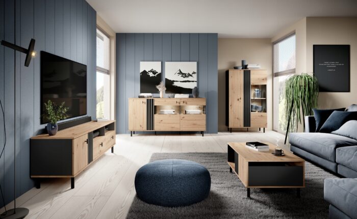 Szafka RTV MADISON 138cm dąb artisan / antracyt z drzwiami i półkami