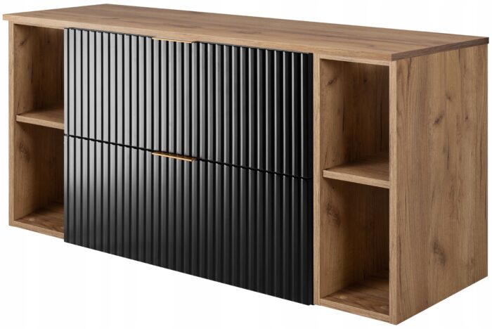 Zestaw łazienkowy FLOW 120 cm dąb szafka z blatem szuflady regały czarne ryflowane fronty