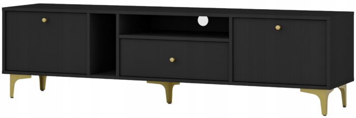 Szafka RTV AVILA 180 cm czarna z klapami szufladą i półkami złote metalowe nogi typ rozgwiazda
