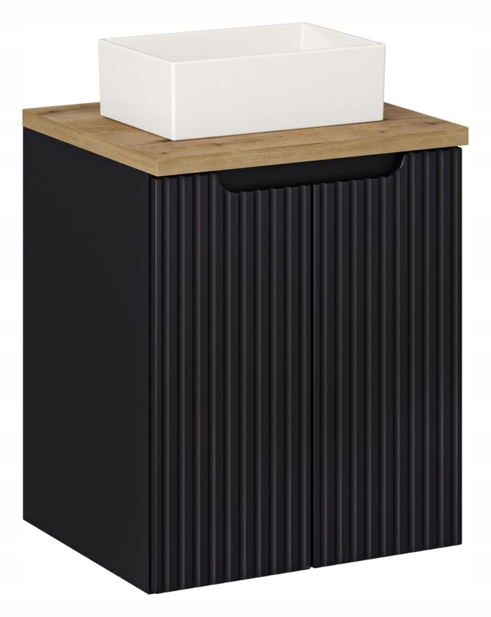 NOVA 50 cm czarna szafka łazienkowa z umywalką blat dąb drzwi ryflowane fronty