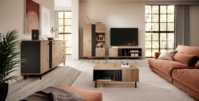 Szafka RTV MADISON 138cm dąb artisan / antracyt z drzwiami i półkami