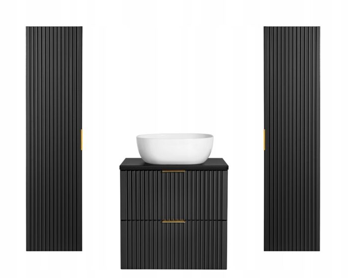 ADEL zestaw mebli łazienkowych czarny Szafka blat umywalka 60 cm + 2 Słupki 140 cm ryflowane fronty