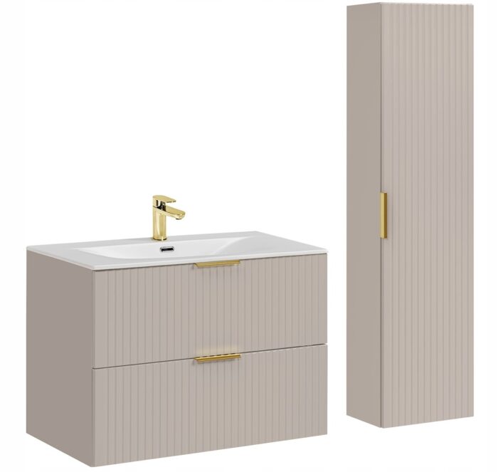 ADEL zestaw mebli łazienkowych kaszmir Szafka z umywalką 80 cm + Słupek 140 cm ryflowane fronty