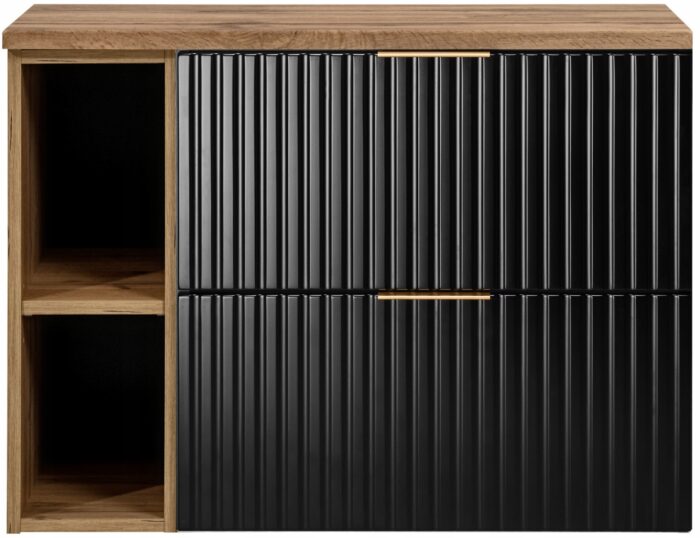 Szafka pod umywalkę FLOW 80 cm czarna dąb wisząca blat regał szuflady ryflowane fronty