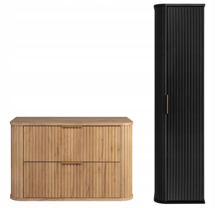 Zestaw mebli łazienkowych GLAMOUR dąb szafka pod umywalkę 80 cm czarny słupek 35/139 cm