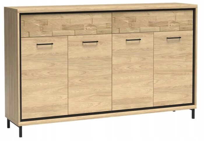 Komoda MILAN 177 cm dąb duża pojemna szuflady drzwi ozdobny panel metalowe nogi