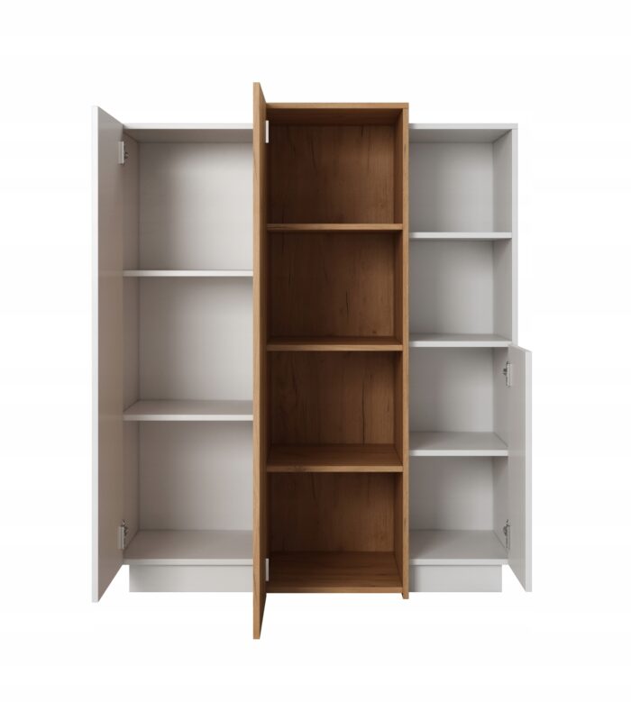 Komoda 3D 110 cm biały mat / dąb craft złoty z drzwiami i półkami, styl nowoczesny