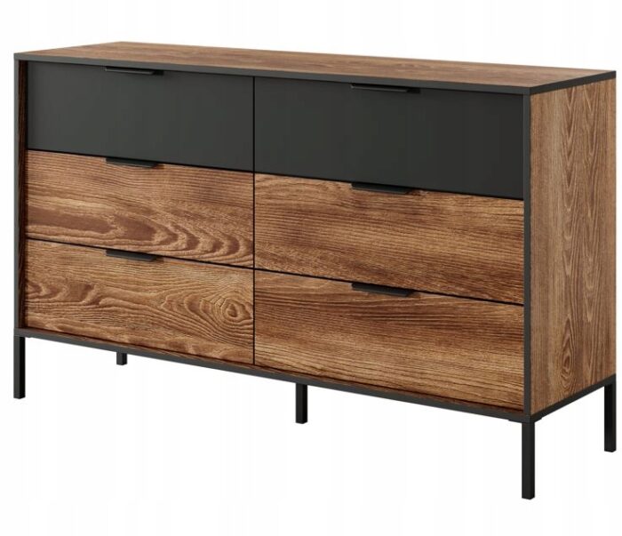 Komoda MILTON 137 cm kasztan / antracyt z szufladami i metalowymi nóżkami