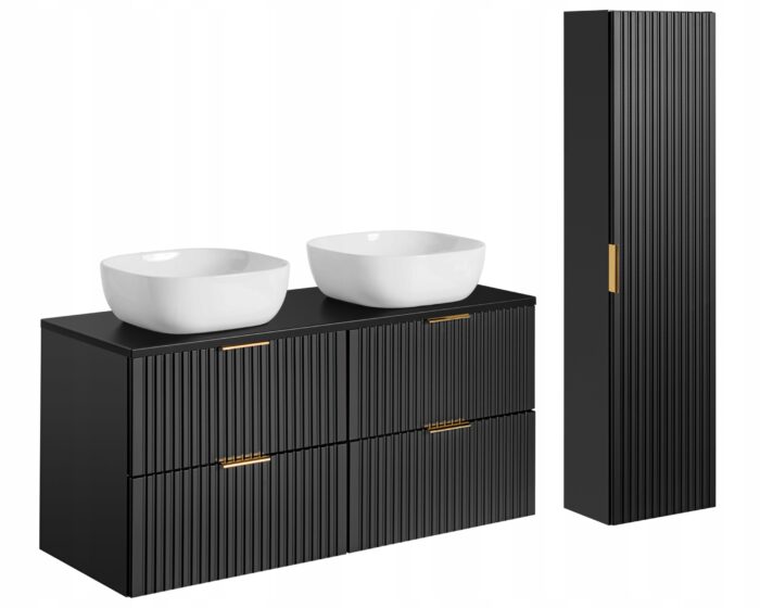 ADEL zestaw mebli łazienkowych czarny Szafka blat umywalka 80 cm + Słupek 140 cm ryflowane fronty