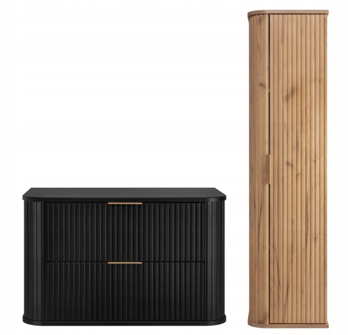 Zestaw mebli łazienkowych GLAMOUR czarna szafka pod umywalkę 80 cm dąb słupek 35/139 cm