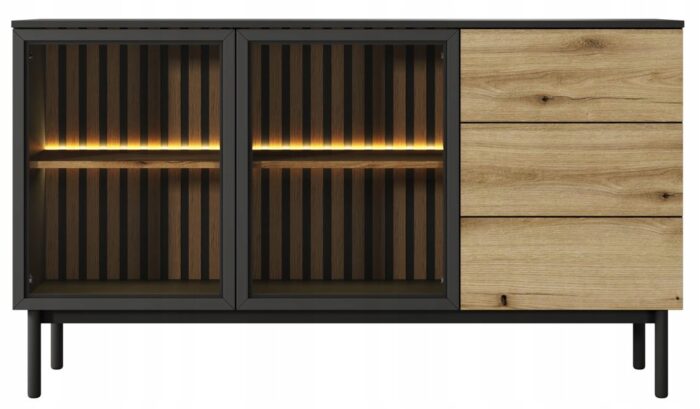 Komoda ARIA 150 cm  czarny / dąb evoke z oświetleniem LED szklanymi frontami szufladami lamelami