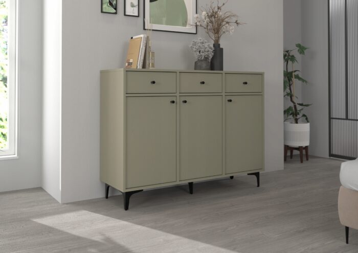 Komoda AVILA 125 cm zielona z drzwiami i szufladami czarne metalowe nogi typ rozgwiazda