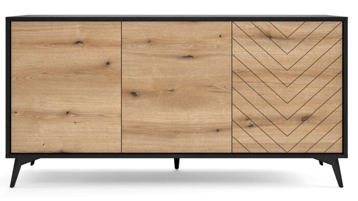 Komoda TANNE 154 cm, czarny mat / dąb evoke, szeroka z drzwiczkami, wzór jodełki