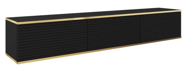 Szafka RTV ORO 175 cm czarna, ryflowane fronty, złota ozdobna listwa