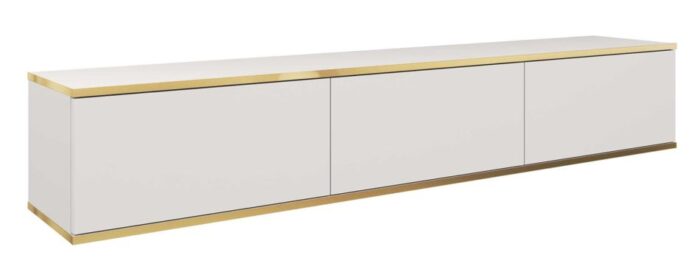 Szafka RTV ORO 175 cm biała, gładkie fronty, złota ozdobna listwa