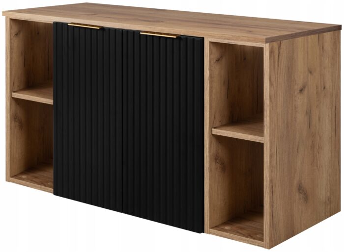 FLOW 100 cm czarna Szafka Łazienkowa blat dąb craft regały drzwi front ryflowany