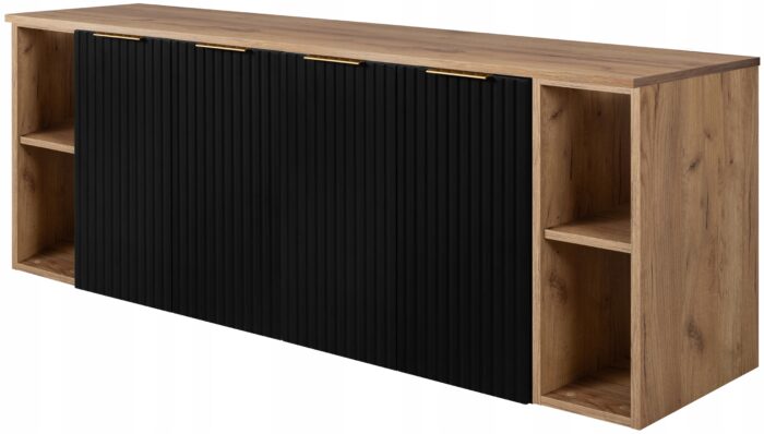 FLOW 160 cm czarna szafka łazienkowa z blat dąb craft regały ryflowane fronty