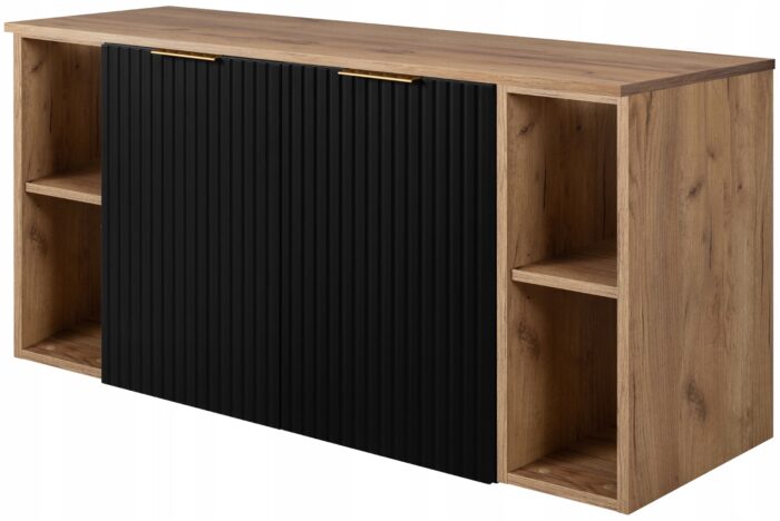 FLOW 120 cm czarna Szafka Łazienkowa blat dąb craft regały ryflowane fronty