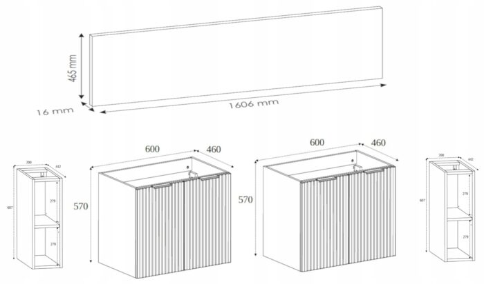 FLOW 160 cm biała Szafka Łazienkowa blat regały ryflowane fronty