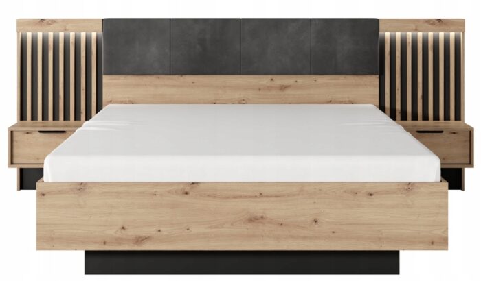 Łóżko TALLY 160 cm Dąb Artisan / Antracyt Lamele Pojemnik Loft