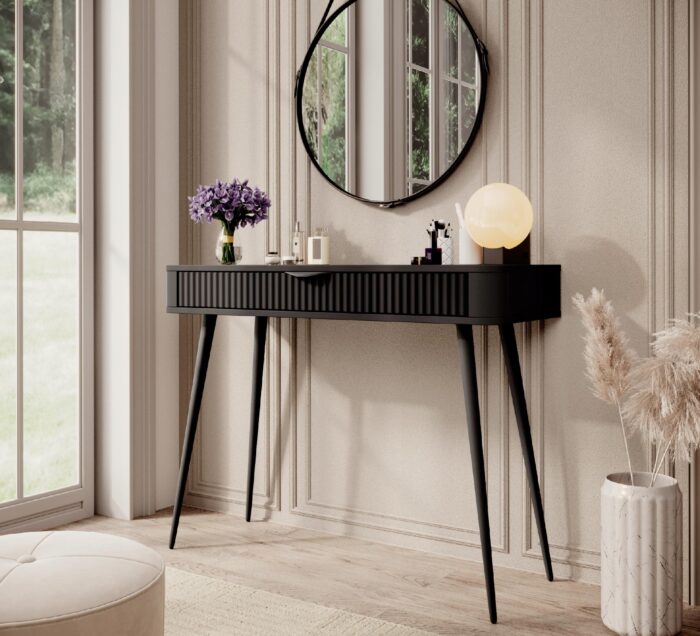Toaletka LANTE 100 cm Czarna Frezowany Front Metalowe Czarne Nóżki