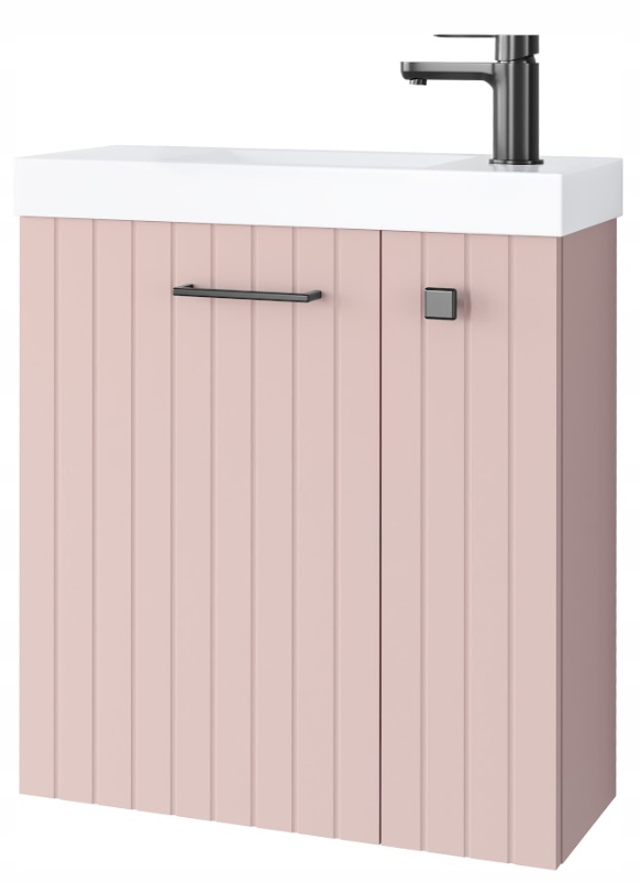 Szafka łazienkowa NOOK 55 cm różowa z umywalką Slim i uchwytem gun metal ZMONTOWANA