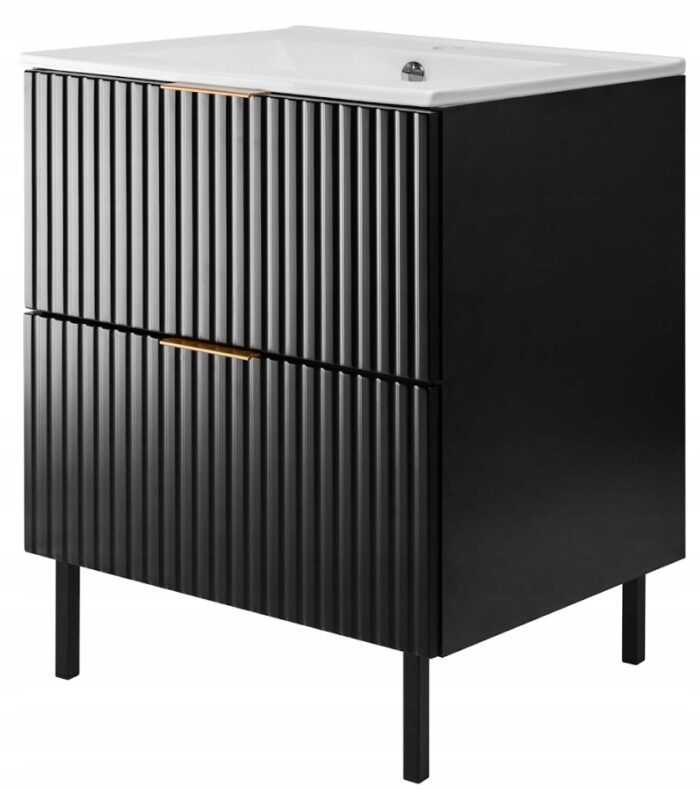 FLOW 60 cm Czarna Szafka Łazienkowa Ryflowana z Umywalką Wpuszczaną HIT
