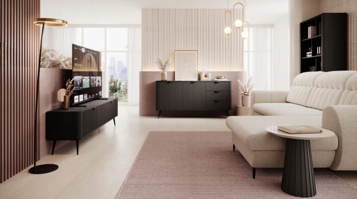 Komoda LANTE 138 cm czarna z frezowanymi frontami D3S glamour
