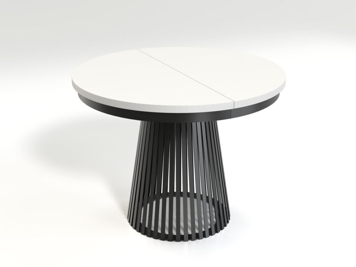 Stół okrągły LAMELLA 100–180 cm biały czarna podstawa rozkładany