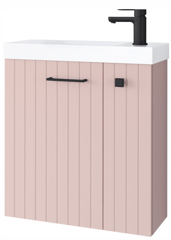 Szafka łazienkowa NOOK 55 cm różowa z umywalką Slim i czarnym uchwytem ZMONTOWANA