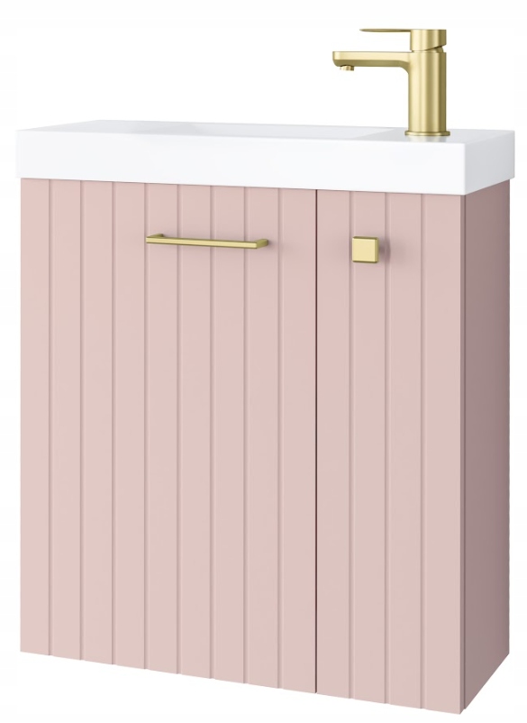 Szafka łazienkowa NOOK 55 cm różowa z umywalką Slim i złotym uchwytem ZMONTOWANA