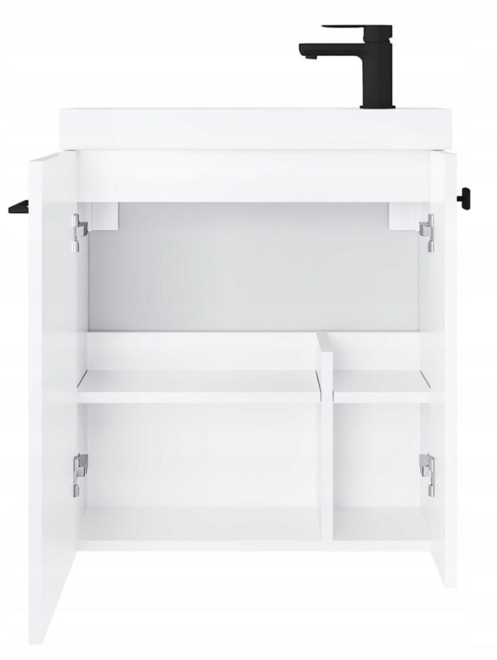 Szafka łazienkowa NOOK 55 cm biała z umywalką Slim i czarnym uchwytem ZMONTOWANA