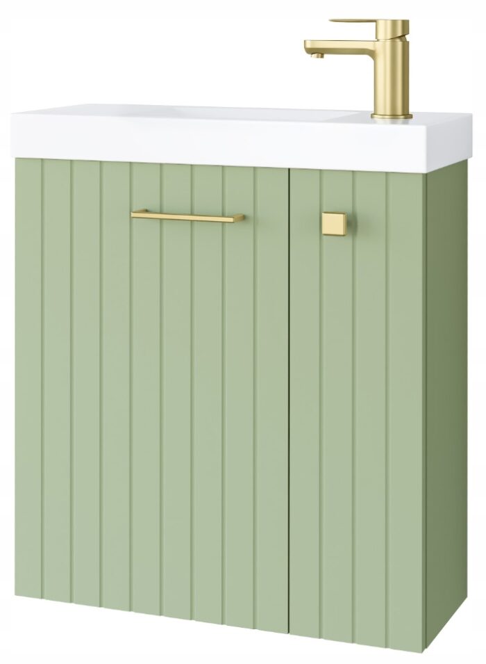 Szafka łazienkowa NOOK 55 cm szałwiowa z umywalką Slim i złotym uchwytem ZMONTOWANA