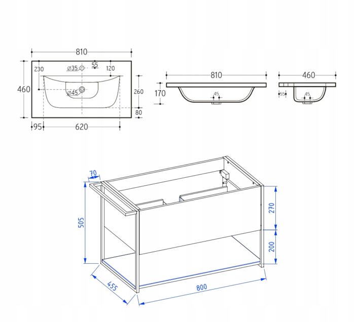 Szafka łazienkowa LOV 80 cm biała z czarną umywalką wisząca połysk