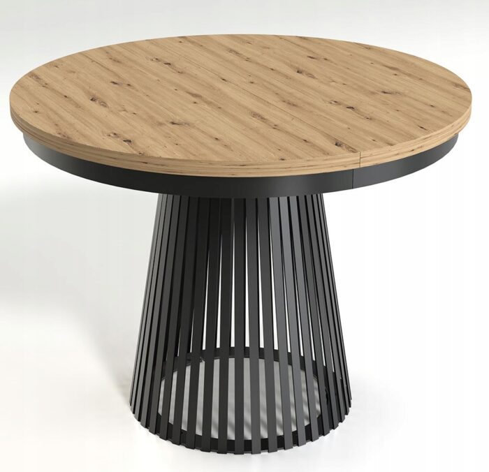 Stół okrągły LAMELLA 100–180 cm dąb artisan czarna podstawa rozkładany