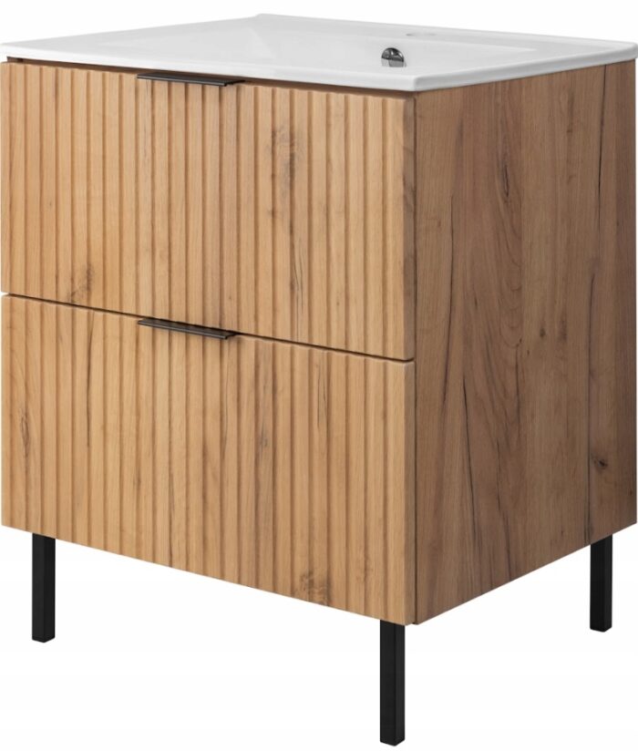 FLOW 60 cm Dąb Craft Szafka Łazienkowa Ryflowana z Umywalką Wpuszczaną HIT