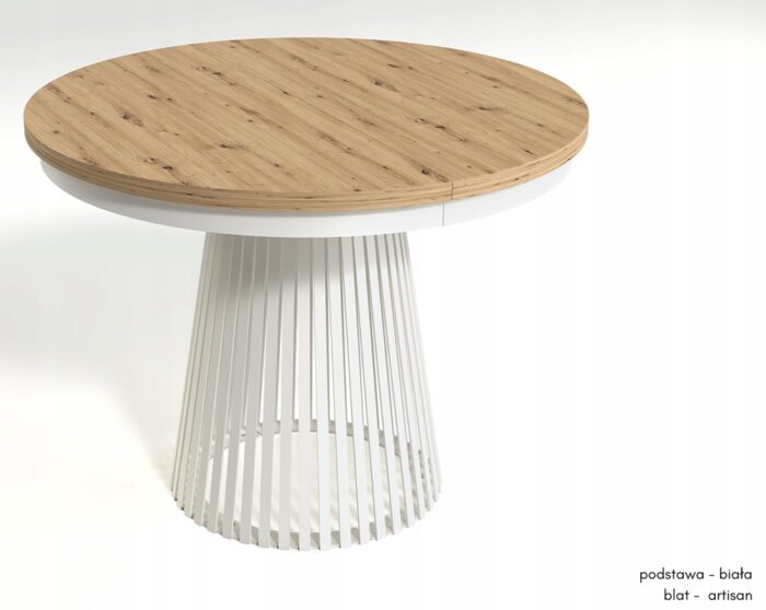 Stół okrągły rozkładany LAMELLA 100-140-180 cm dąb artisan blat biała podstawa nowoczesny