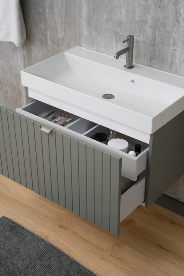 Szafka pod umywalkę HARMO 51 cm zielona lakierowana z blatem drewnianym
