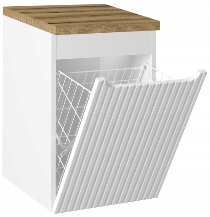 NOVA 40 cm biała szafka łazienkowa z koszem na pranie blat dąb ryflowany front MDF